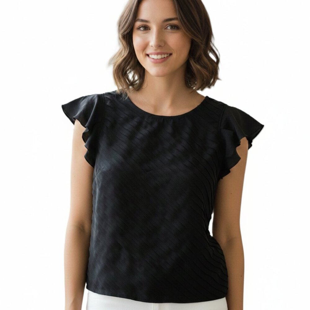 Nic+Zoe Round Neck Short Sleeve Blouse Layered Ruffle, Black, Size L